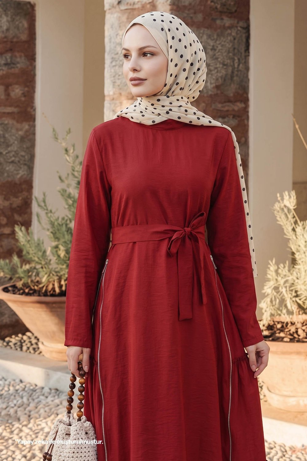 Yandan Fermuar Detaylı Modal Bordo Elbise