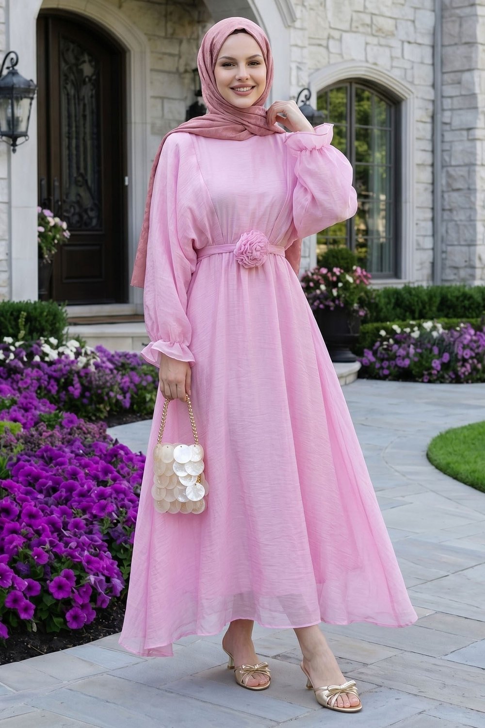 Yarasa Kol Gül Kuşaklı Pembe Elbise