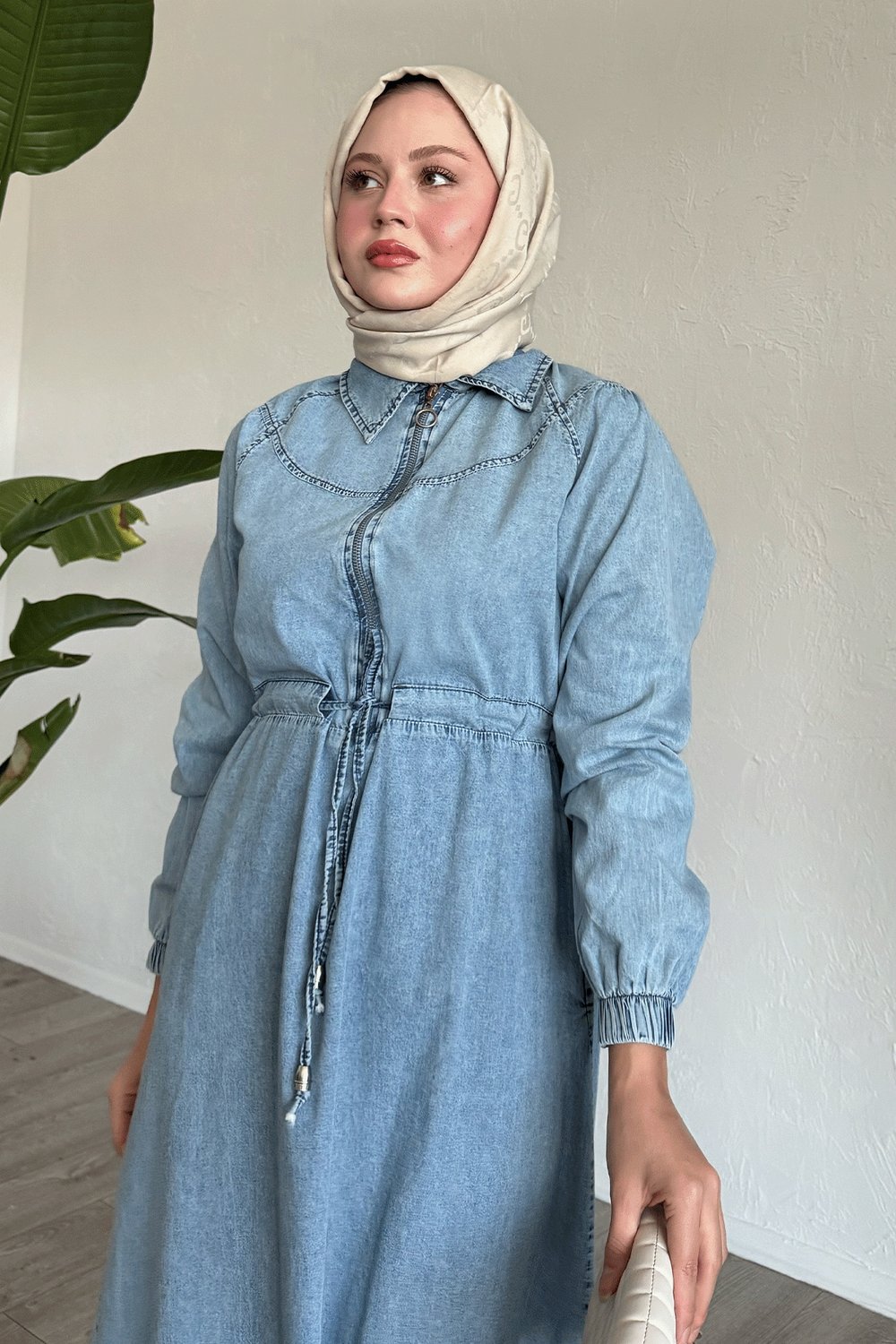 Yarı Fermuarlı Tünel Kemer Mavi Kot Elbise
