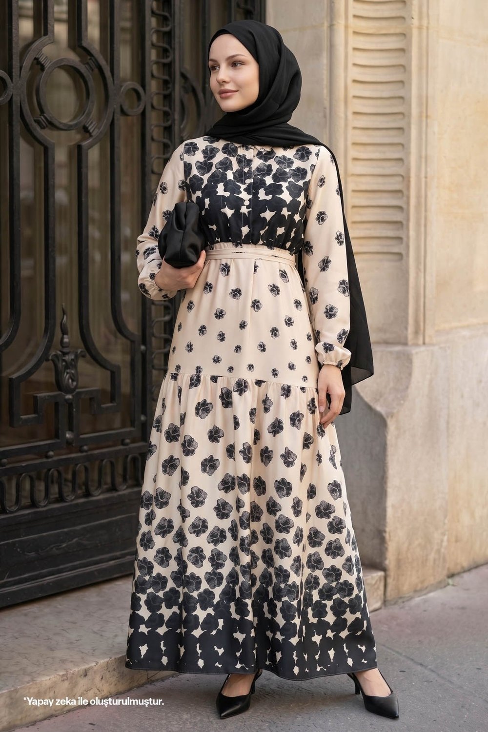 Yarım Düğmeli Siyah Saten Elbise