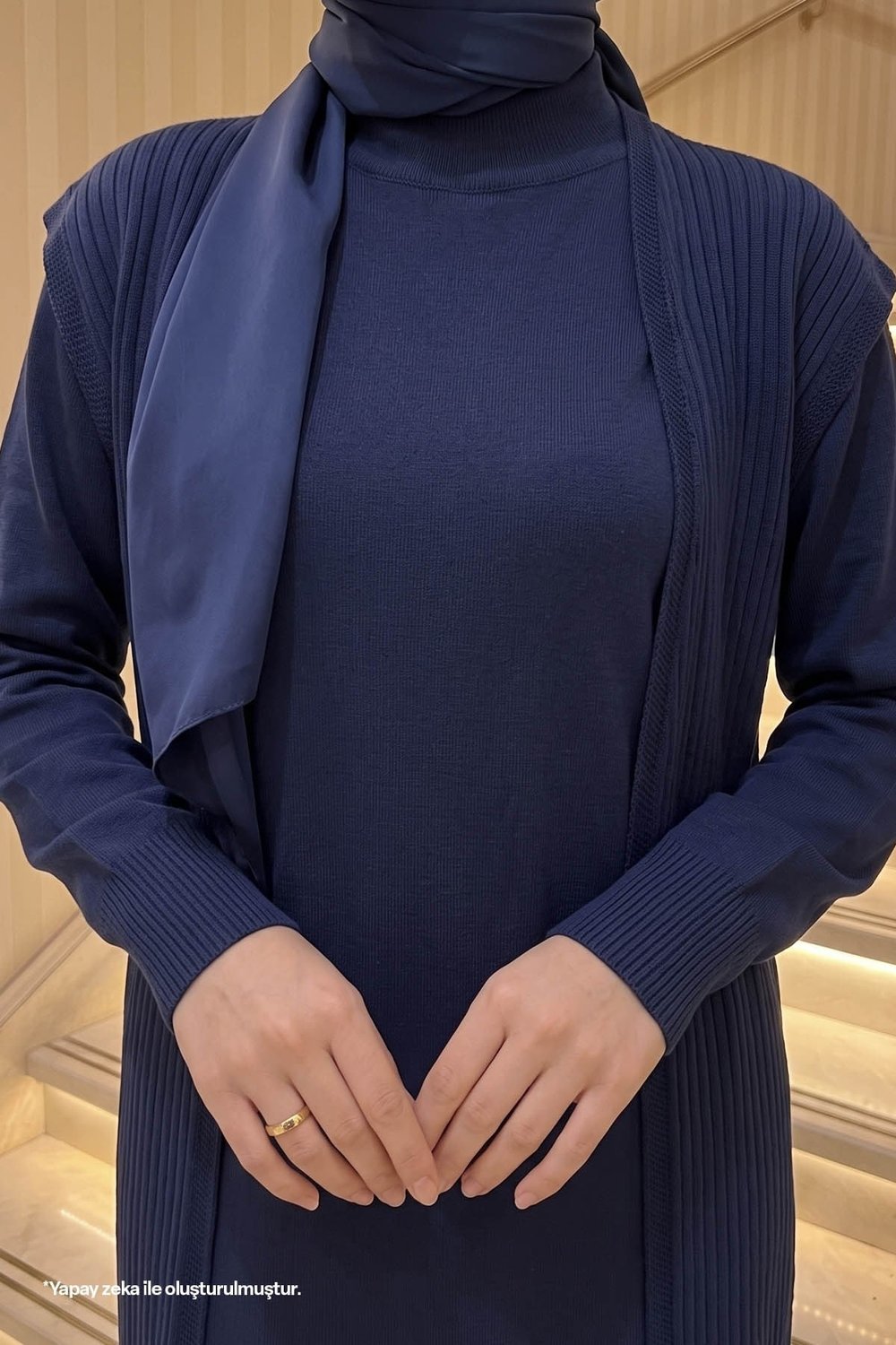 Brooch Detail Vest Knit Set in Navy