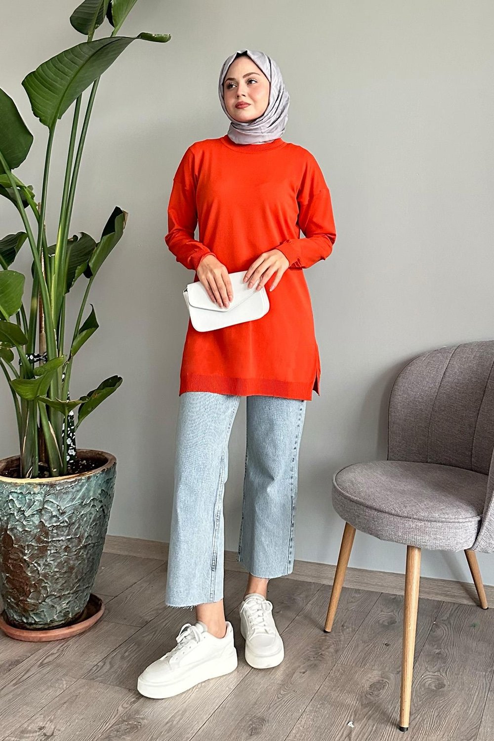 Yırtmaçlı Basic Turuncu Triko Tunik