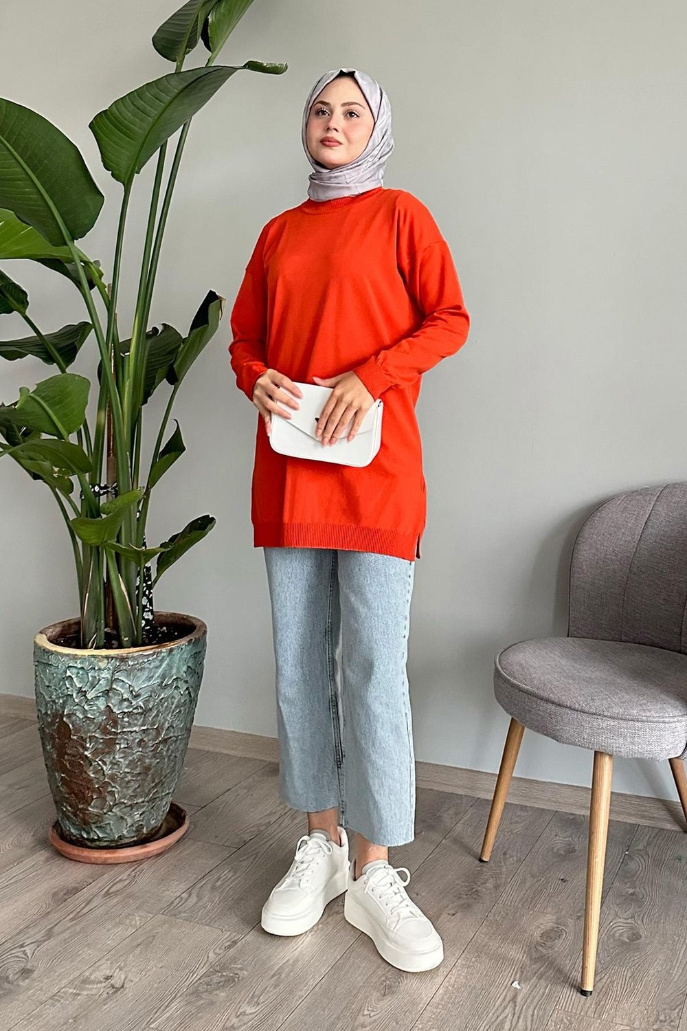 Yırtmaçlı Basic Turuncu Triko Tunik