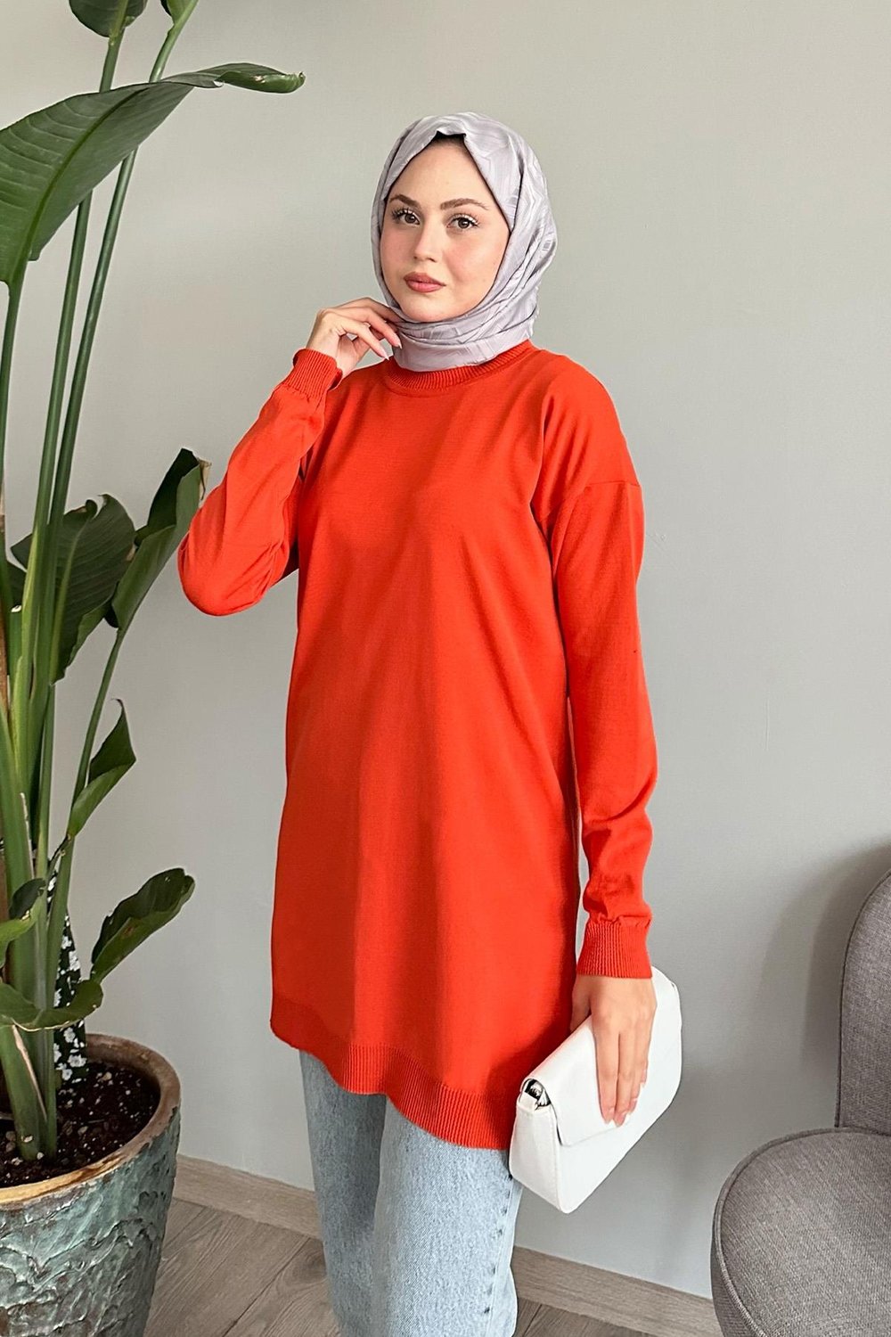 Yırtmaçlı Basic Turuncu Triko Tunik
