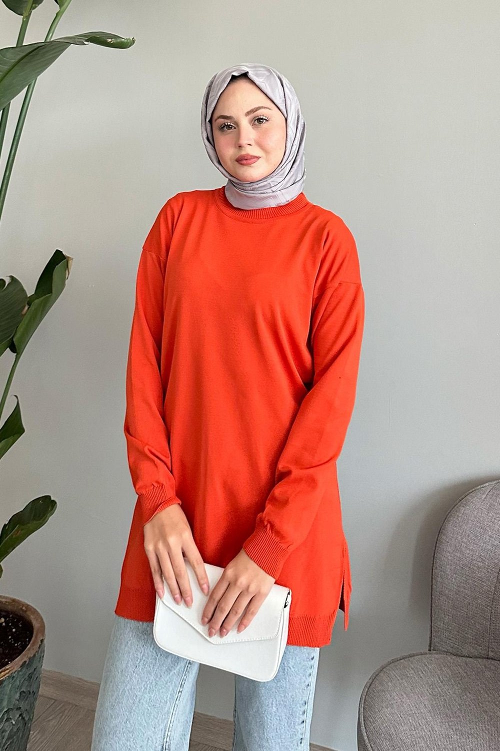 Yırtmaçlı Basic Turuncu Triko Tunik
