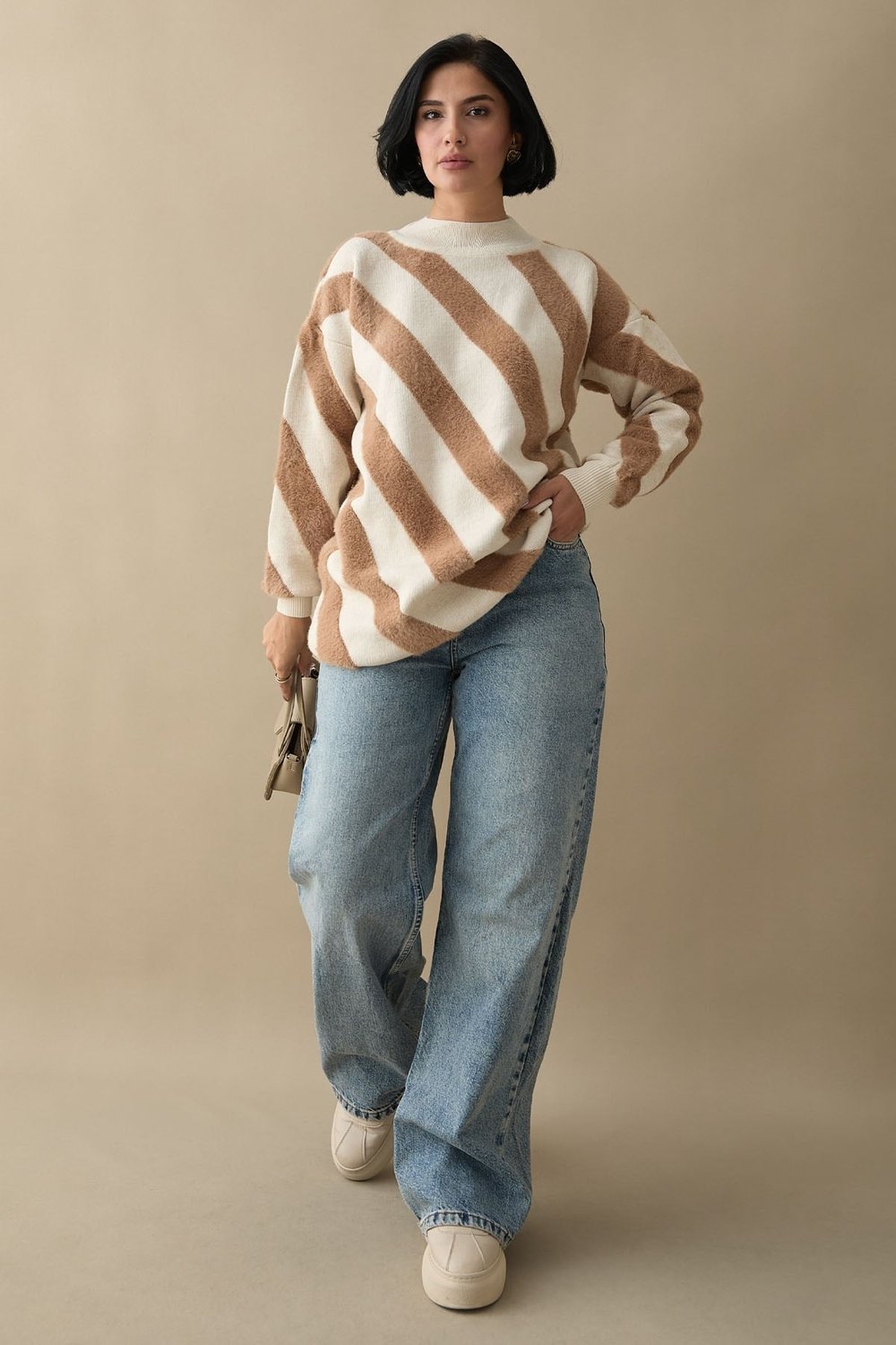 Plush Double-Strap Beige Knit Sweater