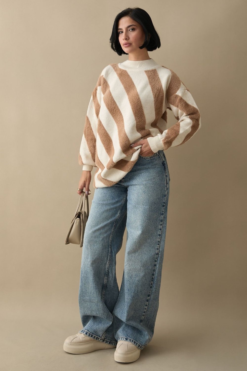 Plush Double-Strap Beige Knit Sweater