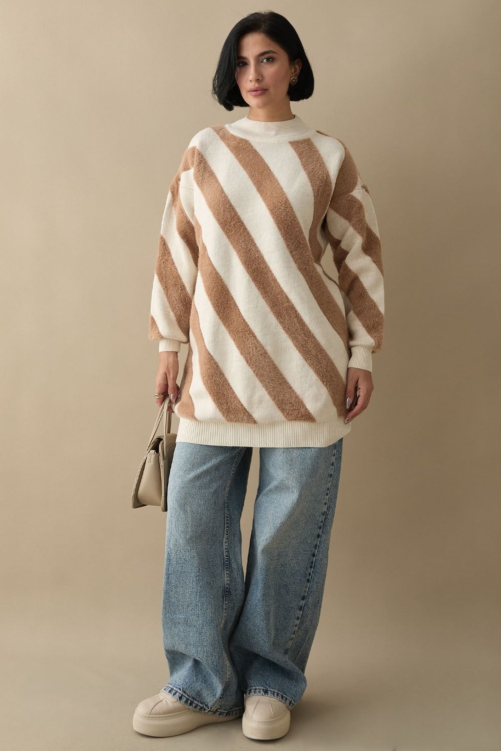 Plush Double-Strap Beige Knit Sweater