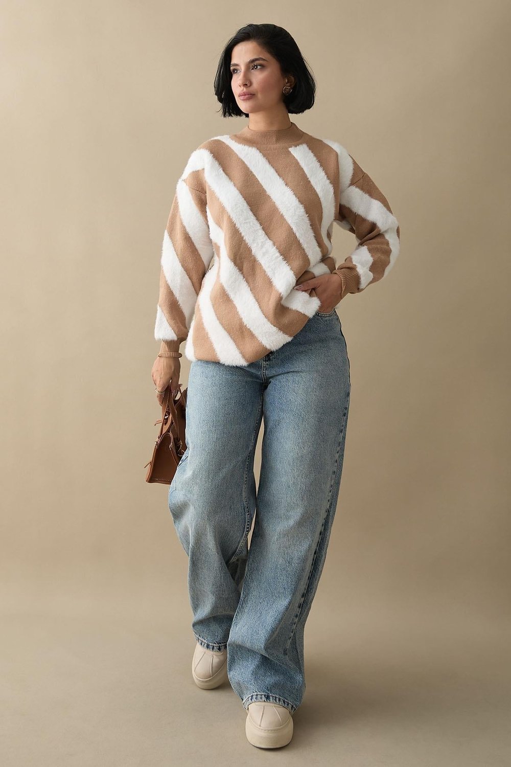 Plush Double-Strap Camel Knit Sweater