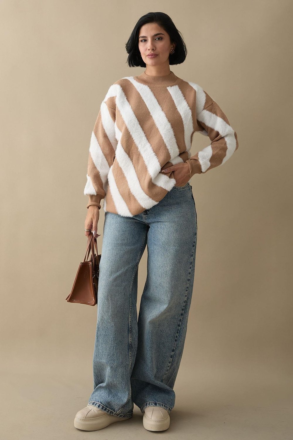 Plush Double-Strap Camel Knit Sweater