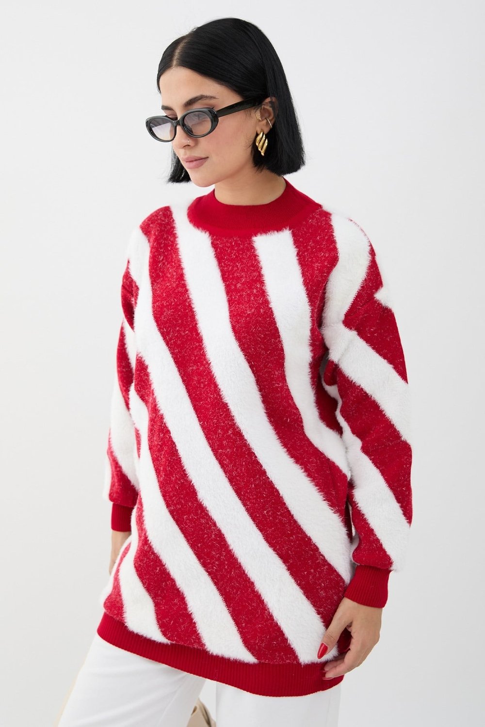 Plush Double-Strap Red Knit Sweater