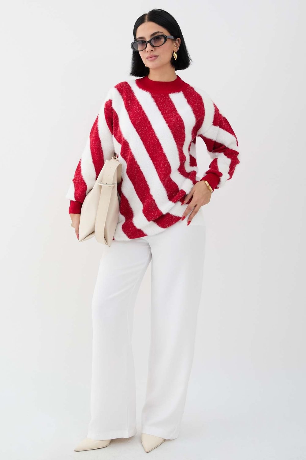 Plush Double-Strap Red Knit Sweater