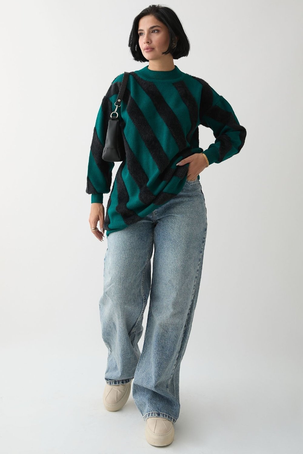 Soft Double Stripe Knit Sweater in Emerald Green