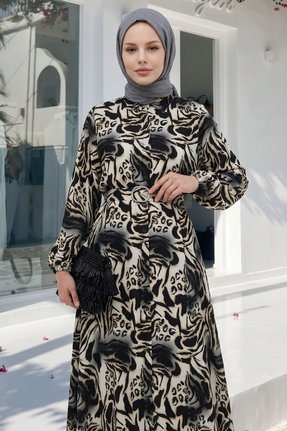 Zebra Desen Siyah Viskon Elbise