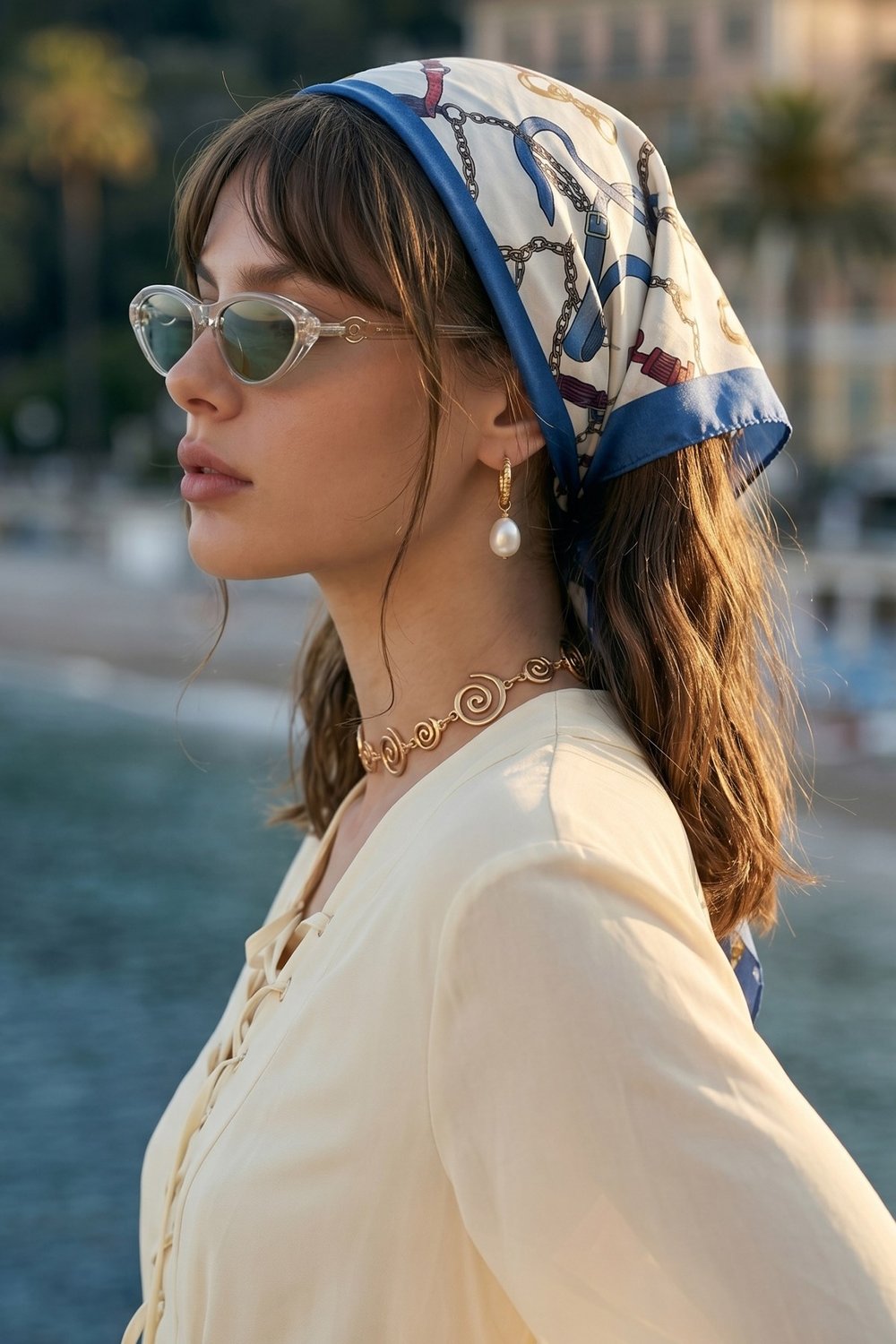 Zincir Desenli İndigo Bandana Fular 50x50