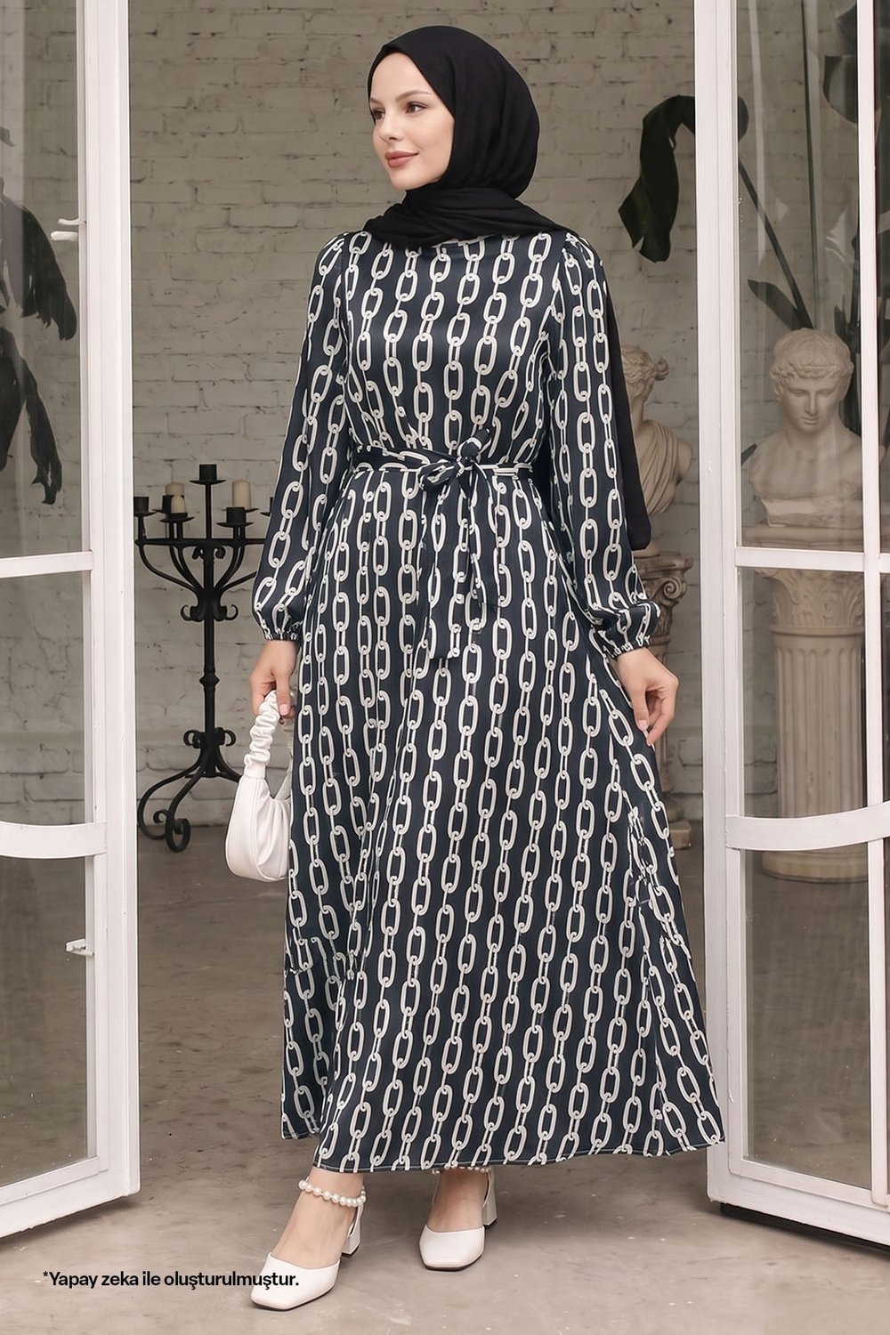 Chain Pattern Black Satin Dress