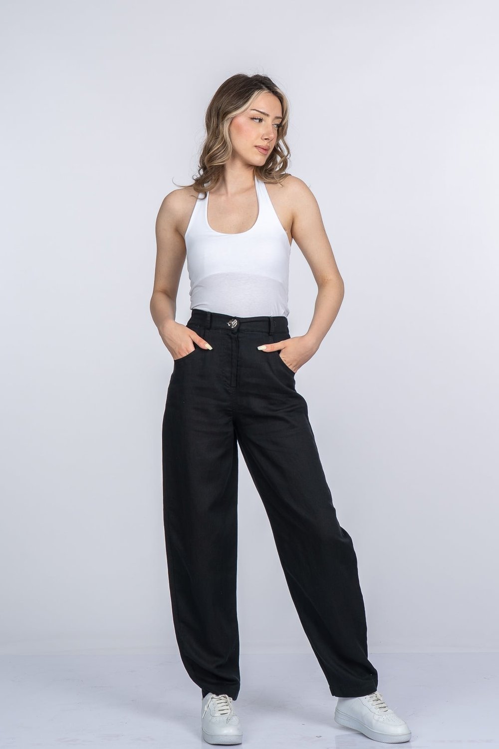 Alina Dar Paça Balon Form Keten Pantolon 30398