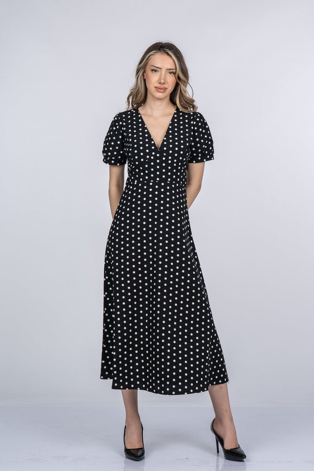 Celine Premium V Yaka Kısa Kollu Puantiye Desen Elbise 50412