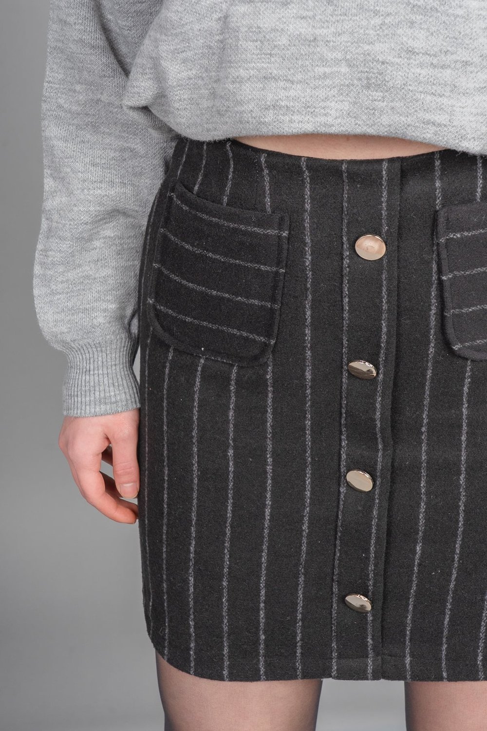 Chic Süs Düğme Detaylı Kaşe Çizgili Mini Etek 6824