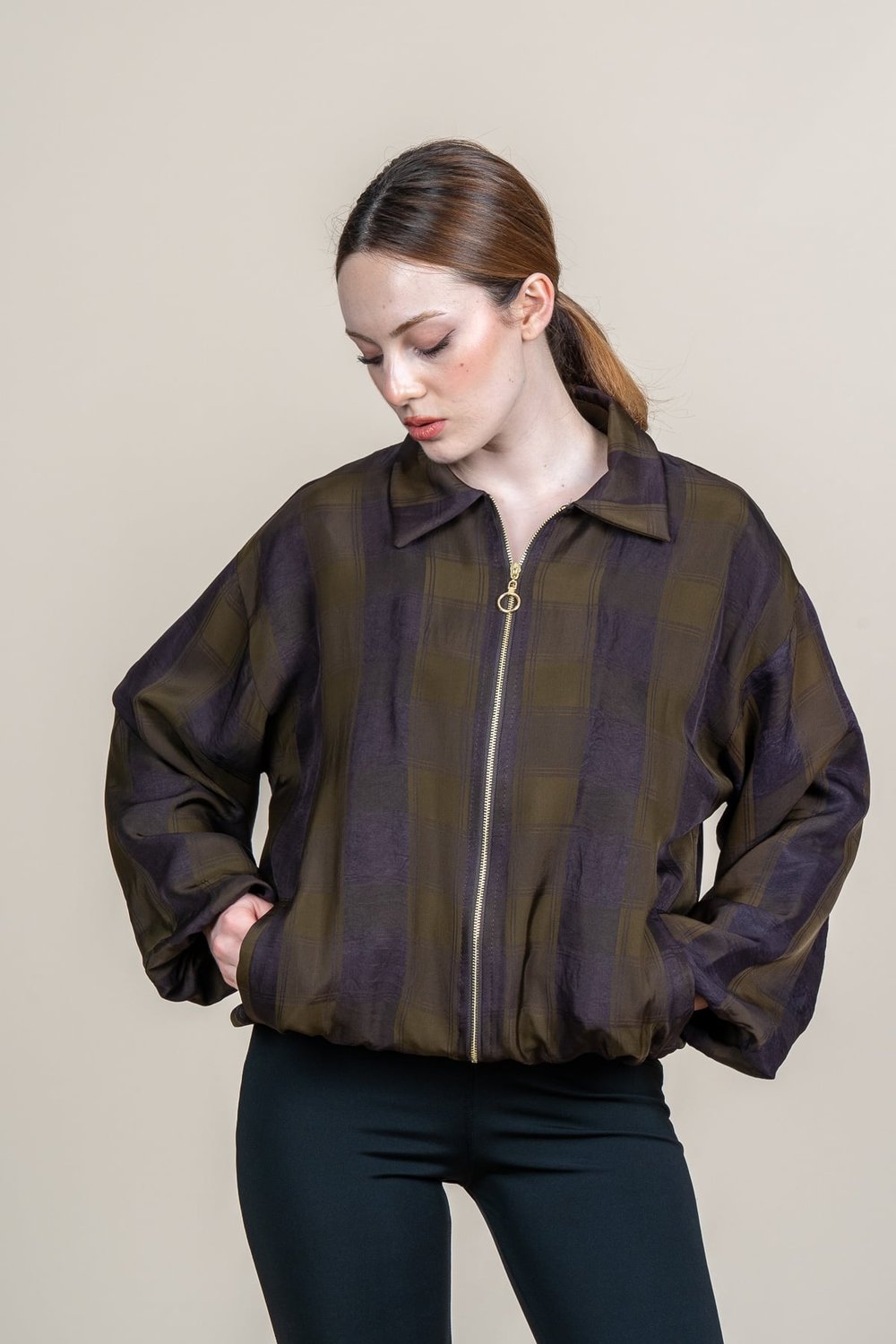 Ekose Desen Bel Lastikli Spor Bomber Ceket 8636