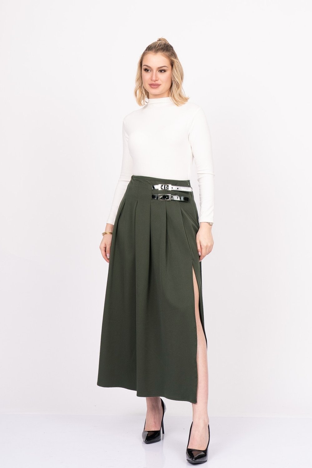 EleganceBelt Slit Skirt – Premium Pileli & Yırtmaçlı Etek 6829