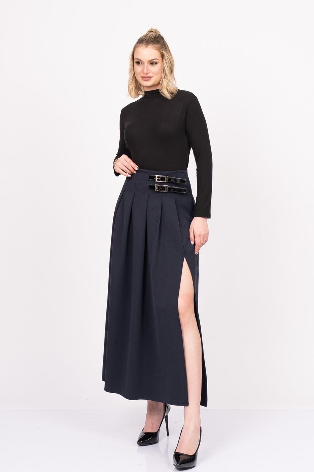 EleganceBelt Slit Skirt – Premium Pileli & Yırtmaçlı Etek 6829