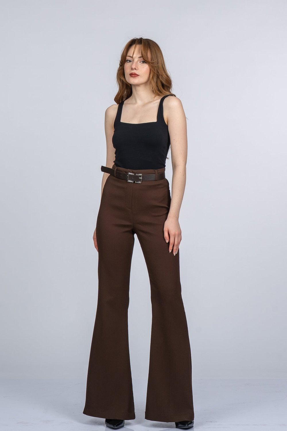Elegant İspanyol Paça Kadın Pantolon - Yüksek Bel Kemerli Likralı Fitilli Krep Kumaş