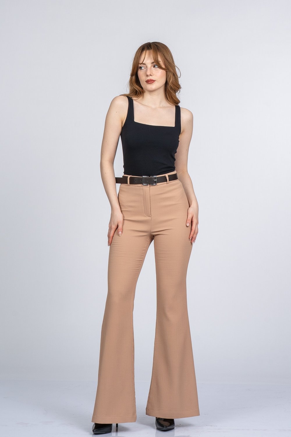 Elegant İspanyol Paça Kadın Pantolon - Yüksek Bel Kemerli Likralı Fitilli Krep Kumaş