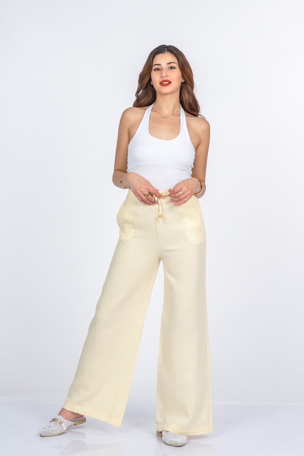 İnce Bel Lastikli Müslin Kumaş Bol Paça Pantolon 30409