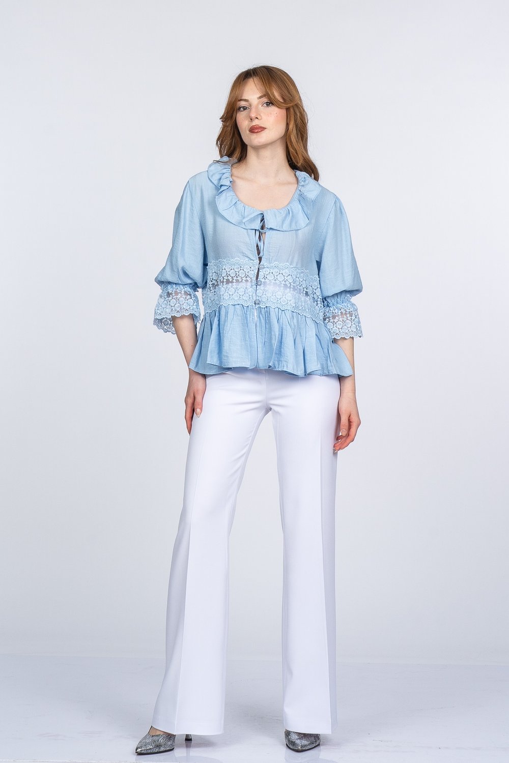Lace Yaka Fırfır ve Bel Tül Dantel Detaylı Kadın Bluz Gömlek