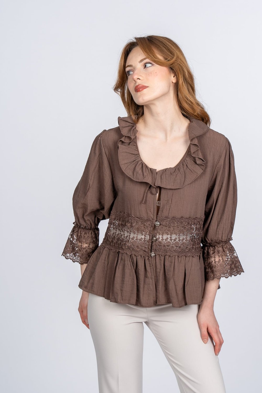 Lace Yaka Fırfır ve Bel Tül Dantel Detaylı Kadın Bluz Gömlek