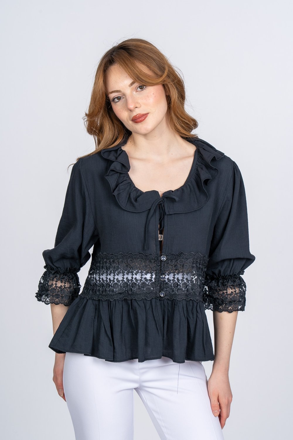 Lace Yaka Fırfır ve Bel Tül Dantel Detaylı Kadın Bluz Gömlek