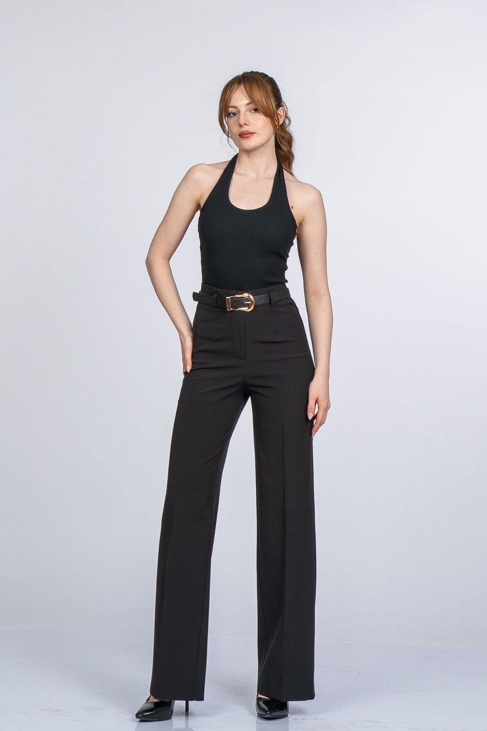 Lace Yüksek Bel Kemerli Kumaş Pantolon