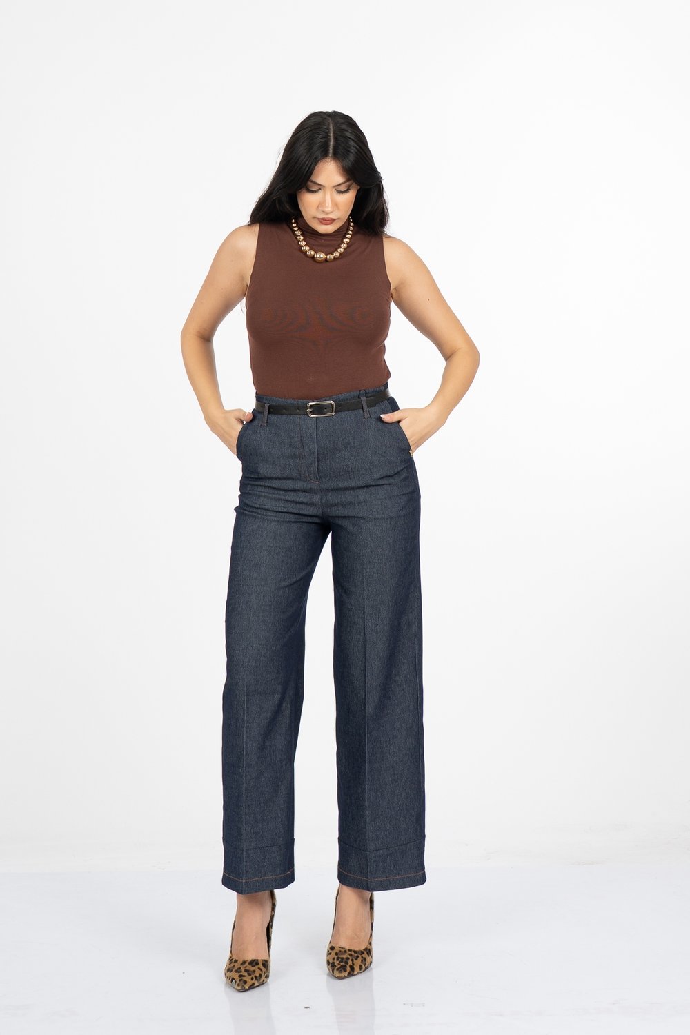 Milena Kemerli Yüksek Bel Bol Paça Denim Pantolon 30428
