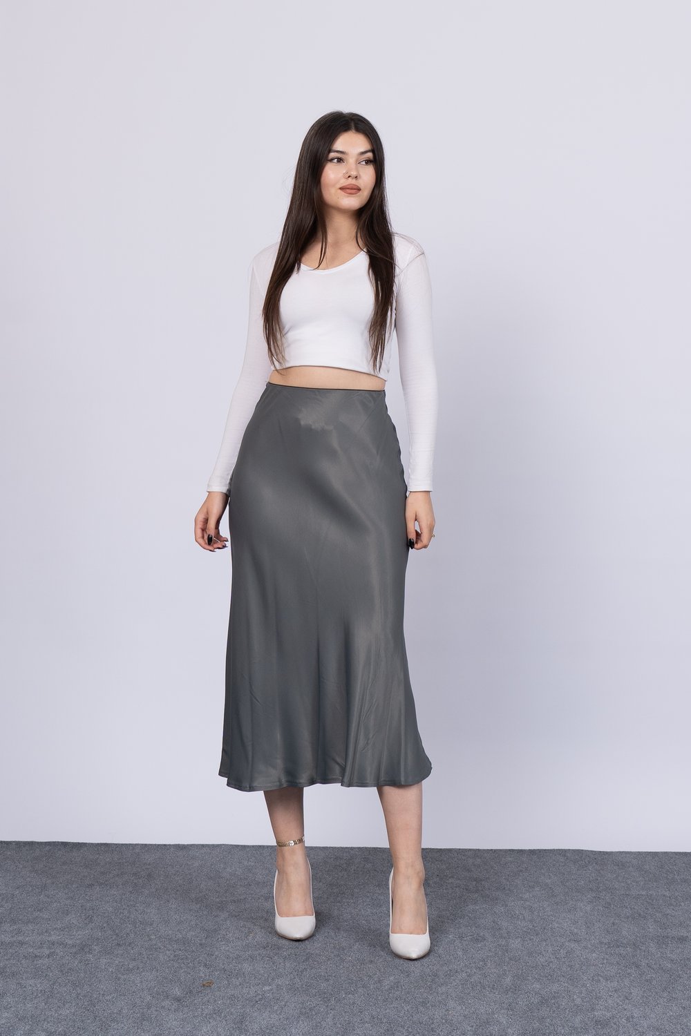 MissVina Saten Kumaş Beli Lastikli Desenli Etek 6679