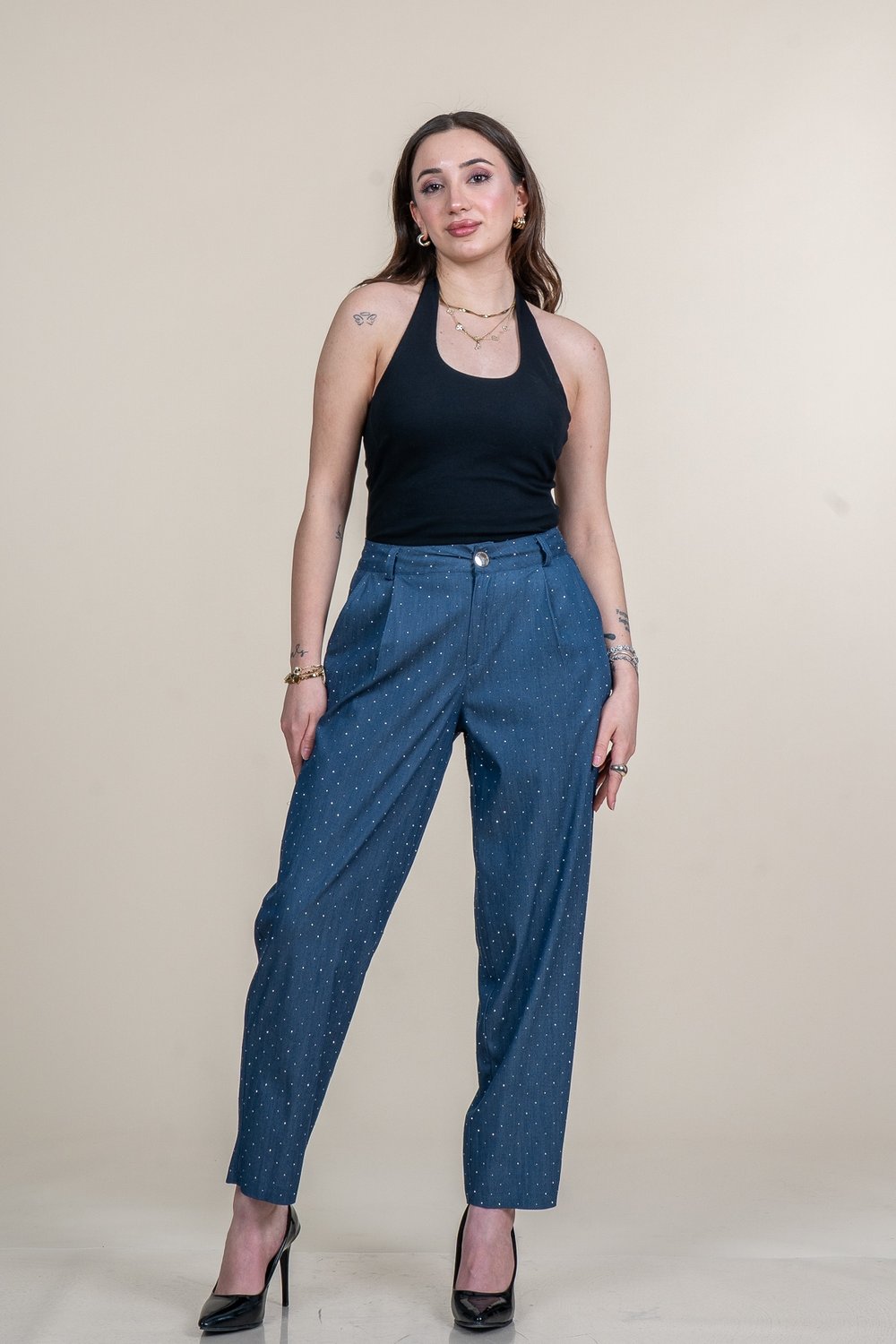Taş Baskı Yüksek Bel Pileli Cepli Denim Pantolon 30254