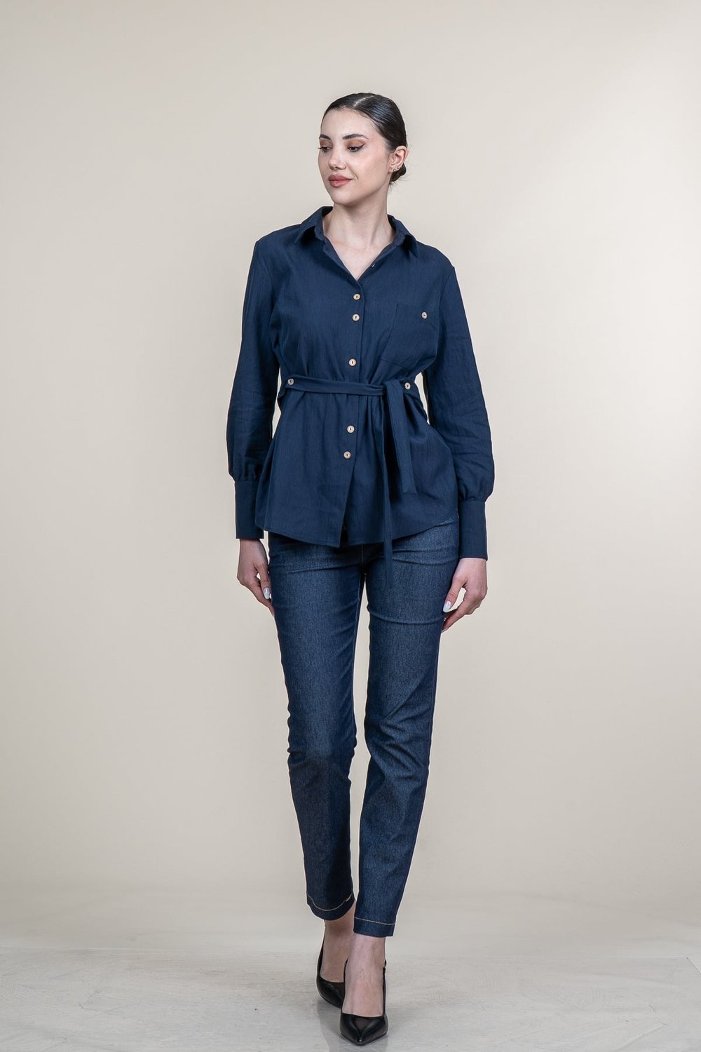 Tencel Beli Kuşaklı Uzun Kollu Trend Gömlek 70062