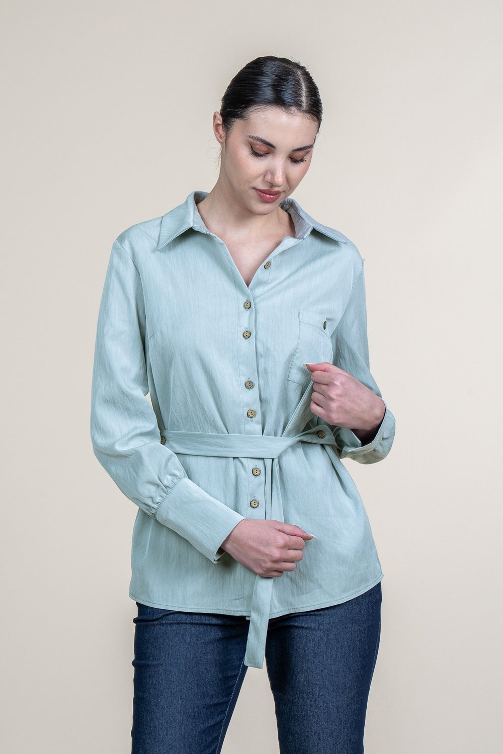 Tencel Beli Kuşaklı Uzun Kollu Trend Gömlek 70062