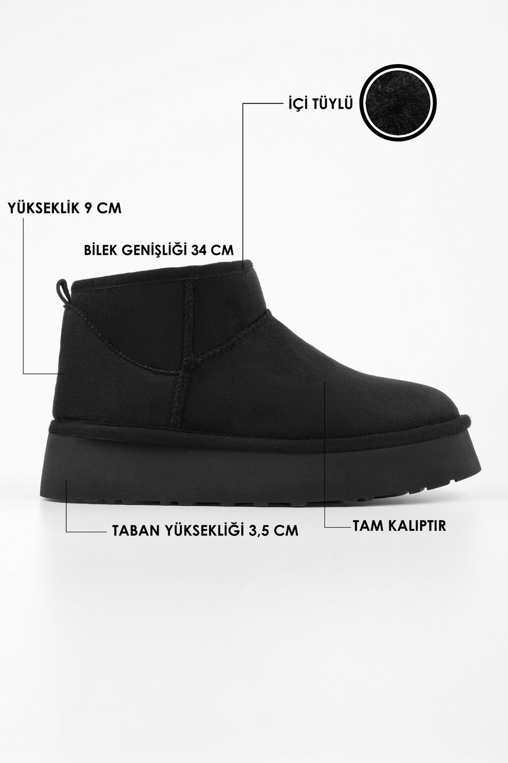 Kadın Uggys Siyah İçi Tüylü Kısa Süet Düz Bot