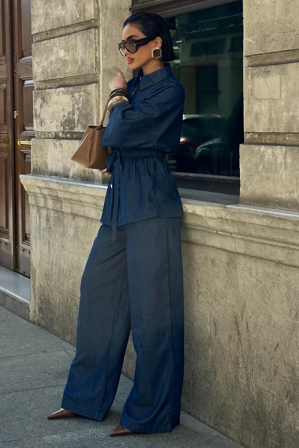 Beli Lastikli ve Kuşaklı Denim Takım 10021