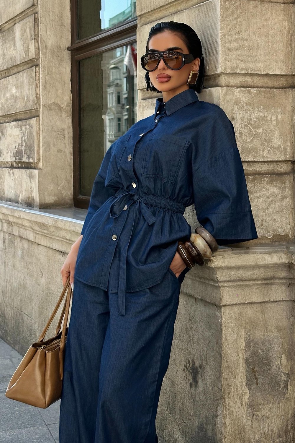 Beli Lastikli ve Kuşaklı Denim Takım 10021