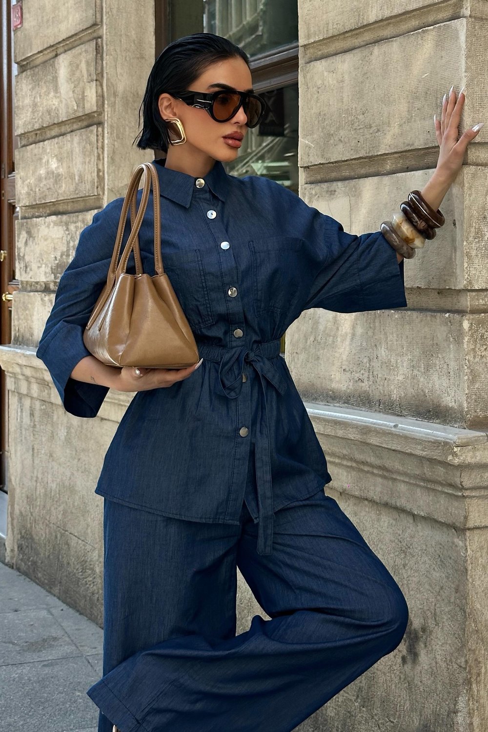 Beli Lastikli ve Kuşaklı Denim Takım 10021
