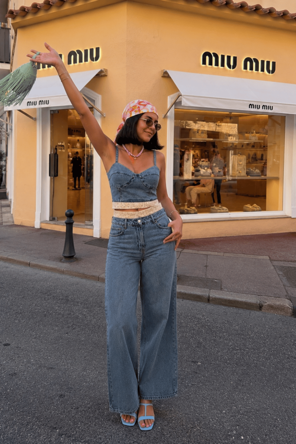 Bohem Detaylı Denim Büstiyer Bol Paça Pantolon İkili Takım 10350
