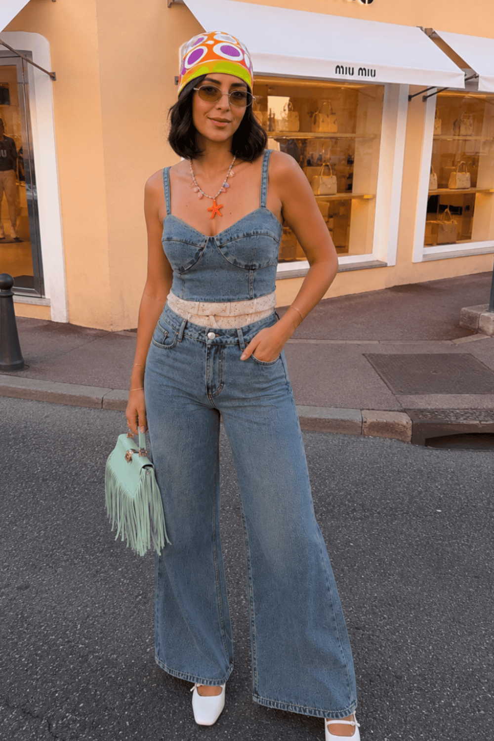 Bohem Detaylı Denim Büstiyer Bol Paça Pantolon İkili Takım 10350