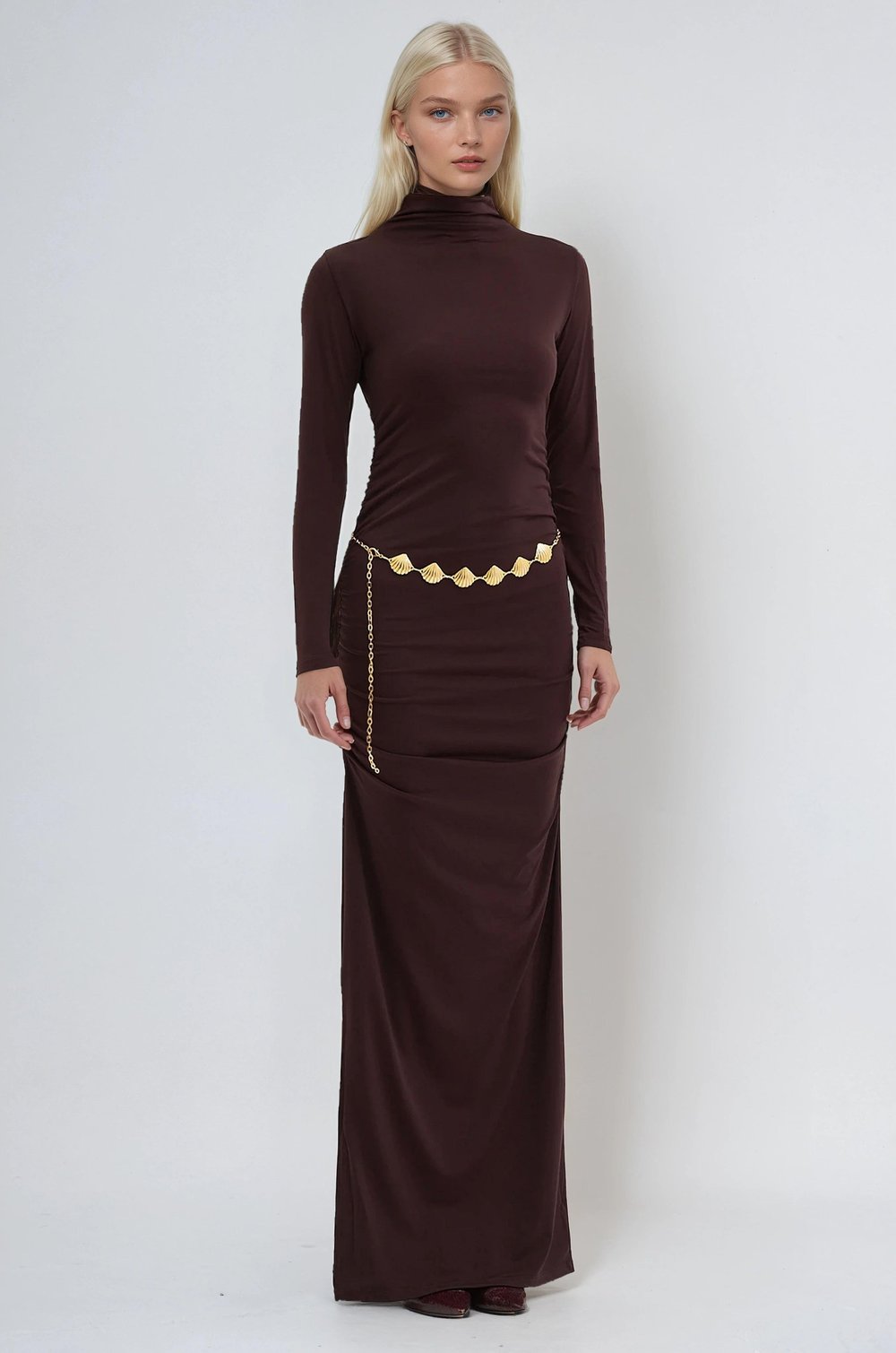 Gold Kemerli ve Drape Detaylı Uzun Elbise 2953