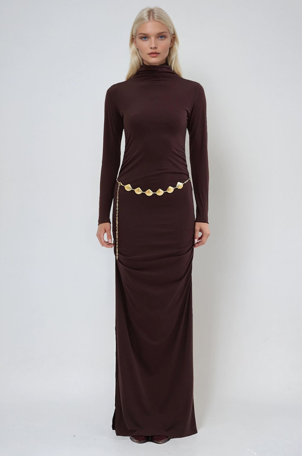 Gold Kemerli ve Drape Detaylı Uzun Elbise 2953
