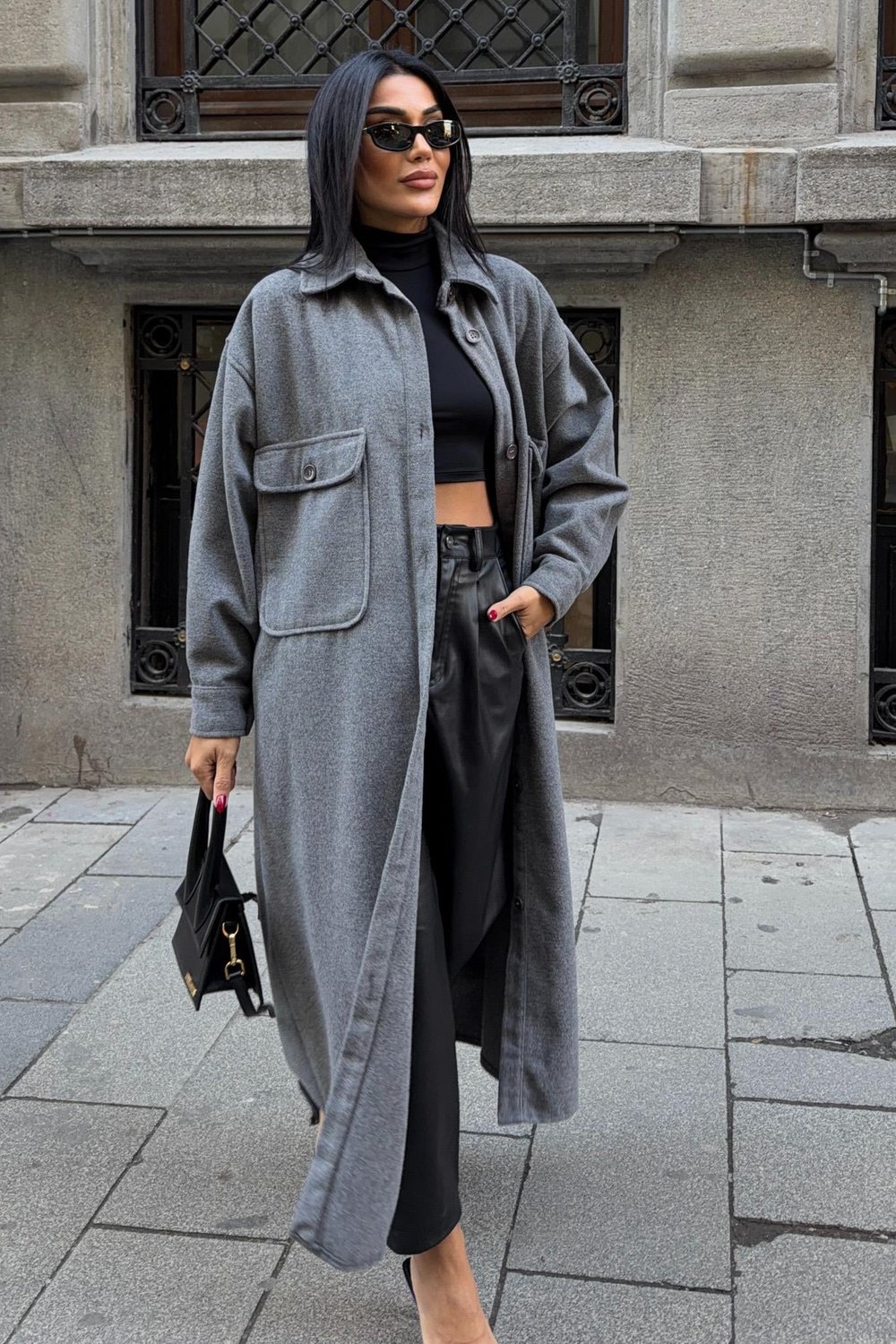 Oversize Cepli Düğmeli Uzun Kaşe Kaban 7131