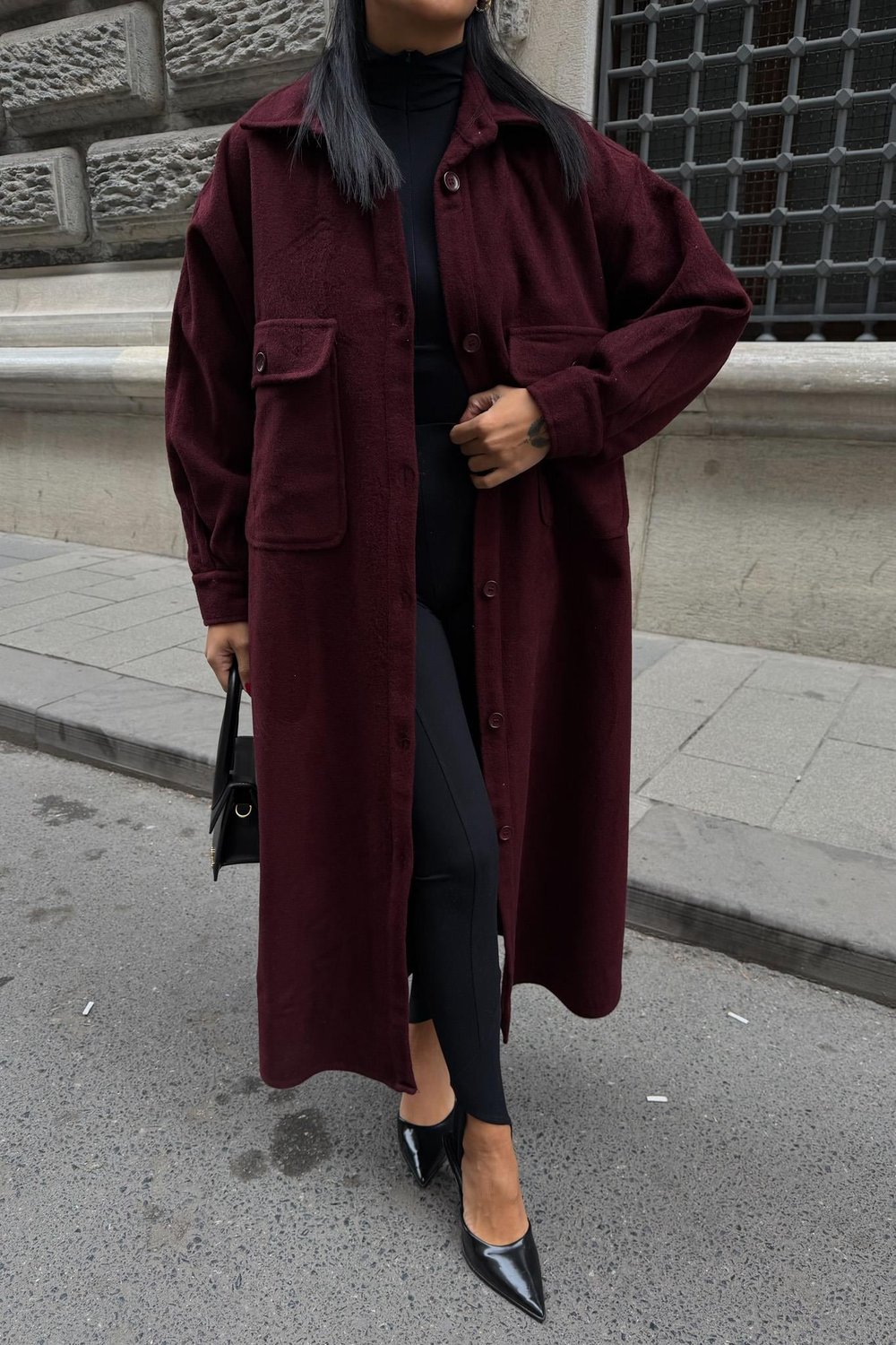 Oversize Cepli Düğmeli Uzun Kaşe Kaban 7131