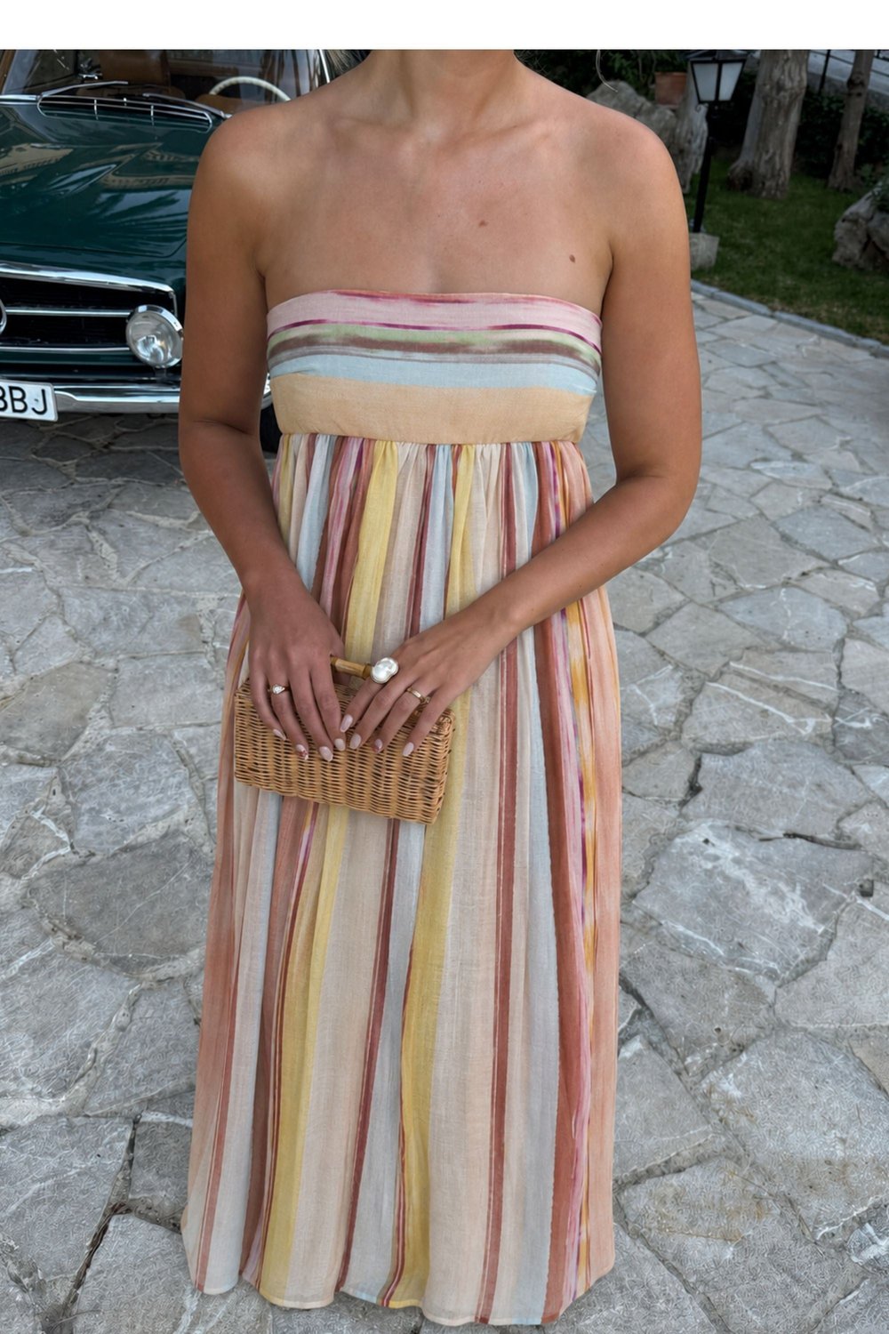 Pastel Çizgili Straplez Maxi Elbise 2062