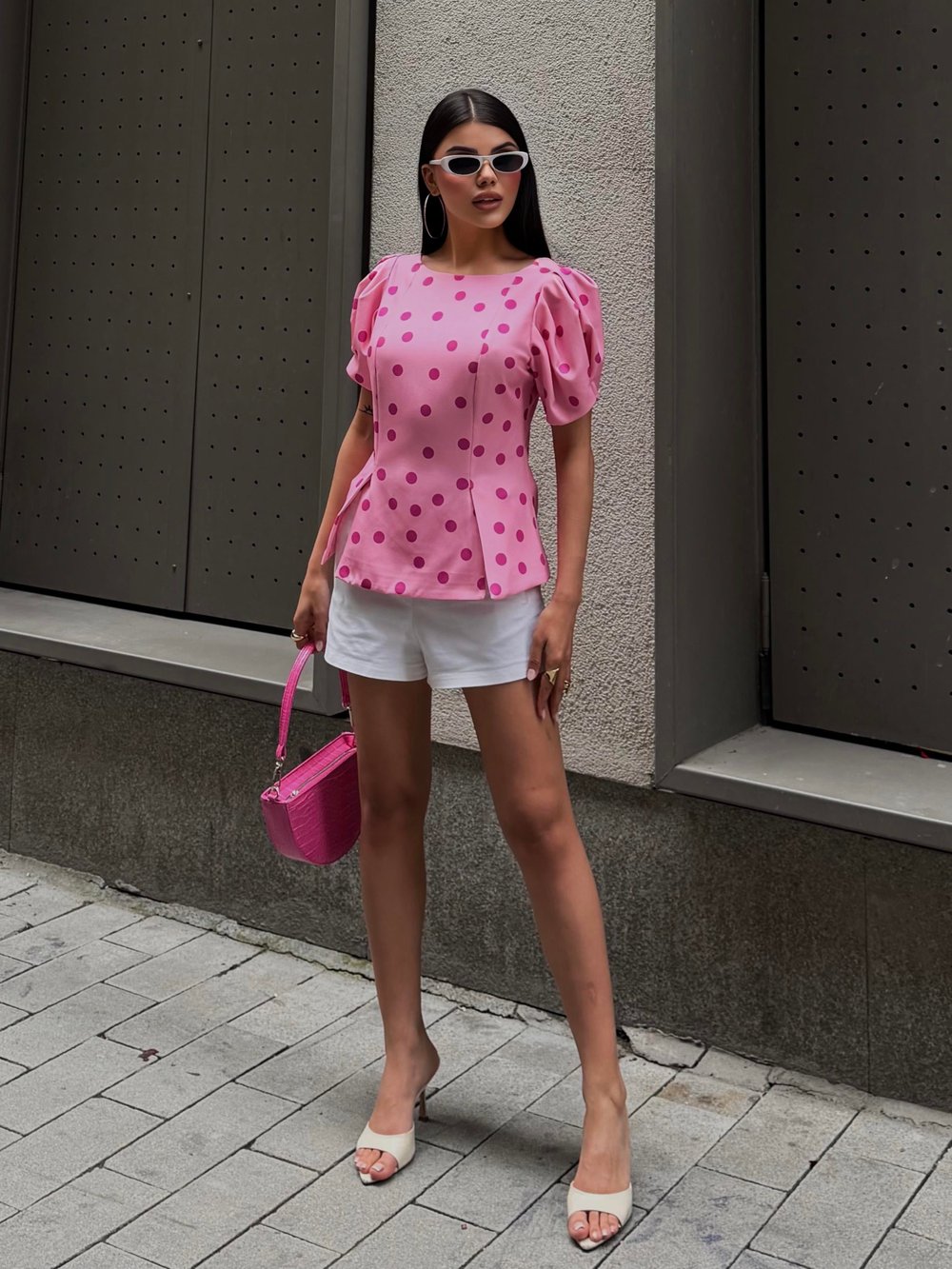 Pembe Puantiyeli Vatkalı Balon Kol Bluz 3483